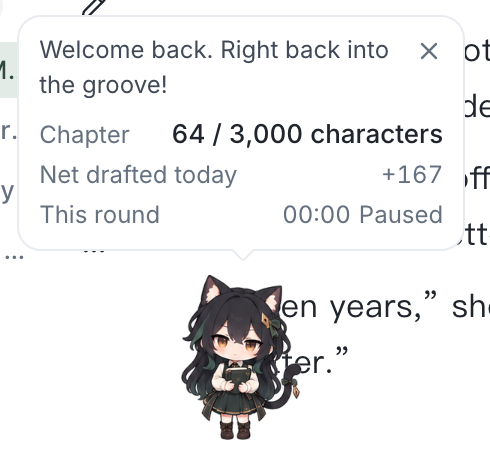 Xiao Mo’s English writing bubble: chapter goal, net words drafted today, and time in this writing round.