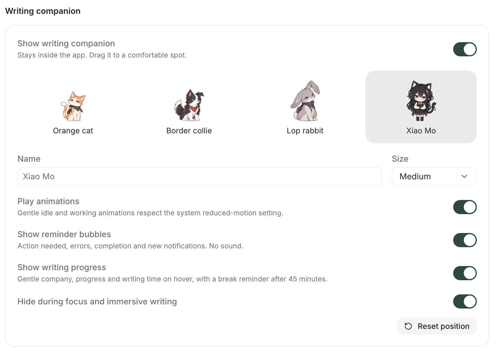 Writing companion settings: four characters, name, size, animations, reminders, and focus-mode visibility.