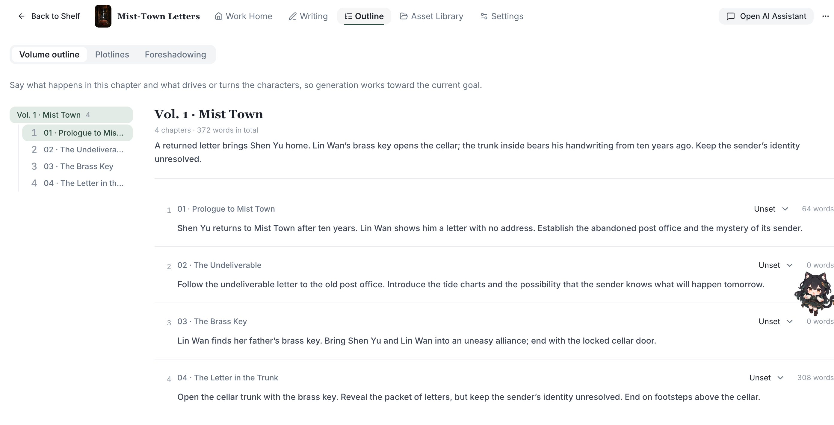 Real English App outline for Mist-Town Letters, with all four chapter goals